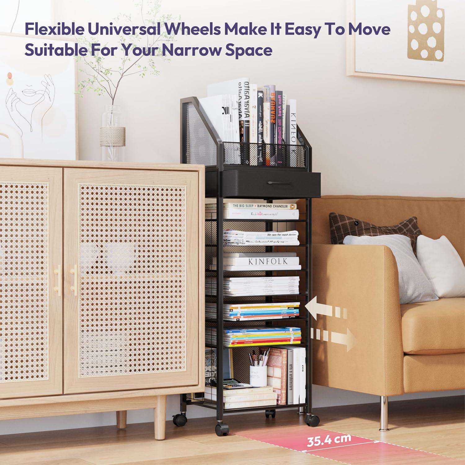 SWTYMIKI 9-Tier Rolling File Cart - Paper Organizer with Drawer and Trays, Wood Desk Office Organizer, Office Organization and Binder Storage for Workspace, Home, School, Black