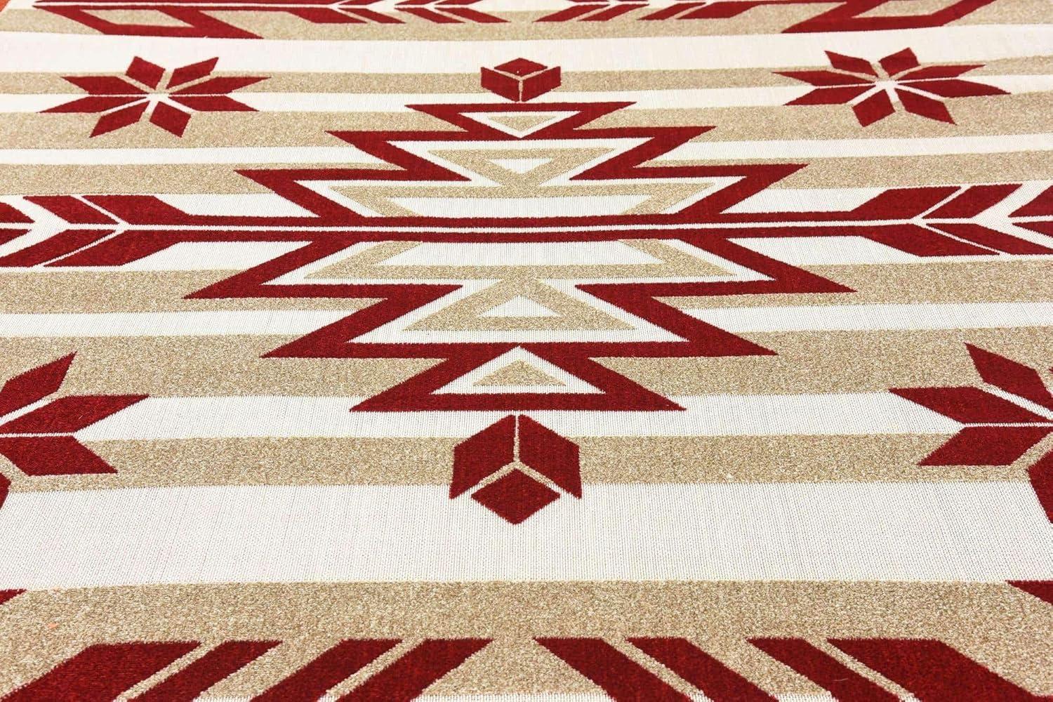 Burgundy and Beige Geometric 8' x 10' Outdoor Area Rug