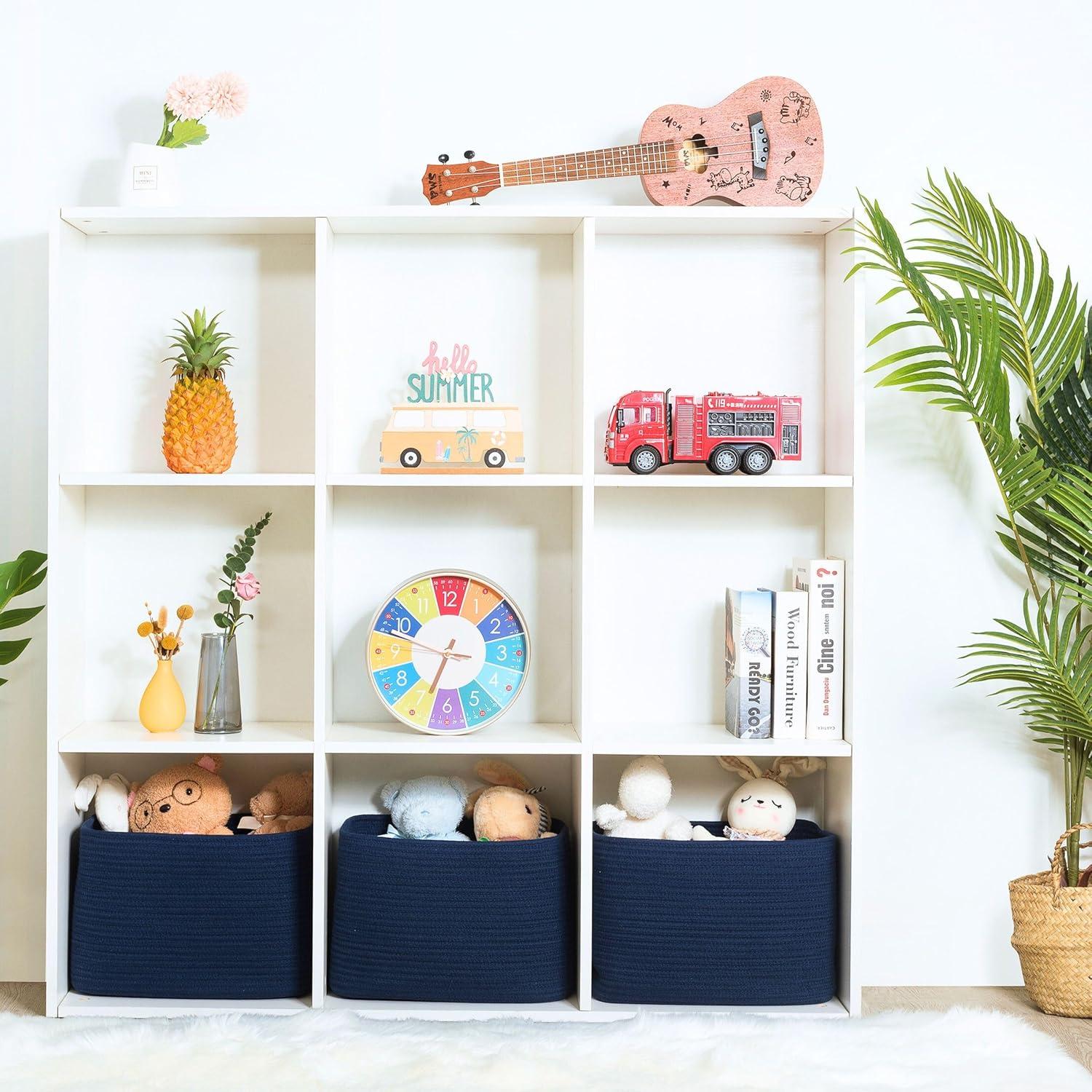 Design 3-Pack Storage Baskets for Shelves, Decorative Baskets for Organizing, Woven Baskets for Storage, Book Basket Cube Storage Bin Box, Pantry Closet and Shoe Organizers, Navy Blue