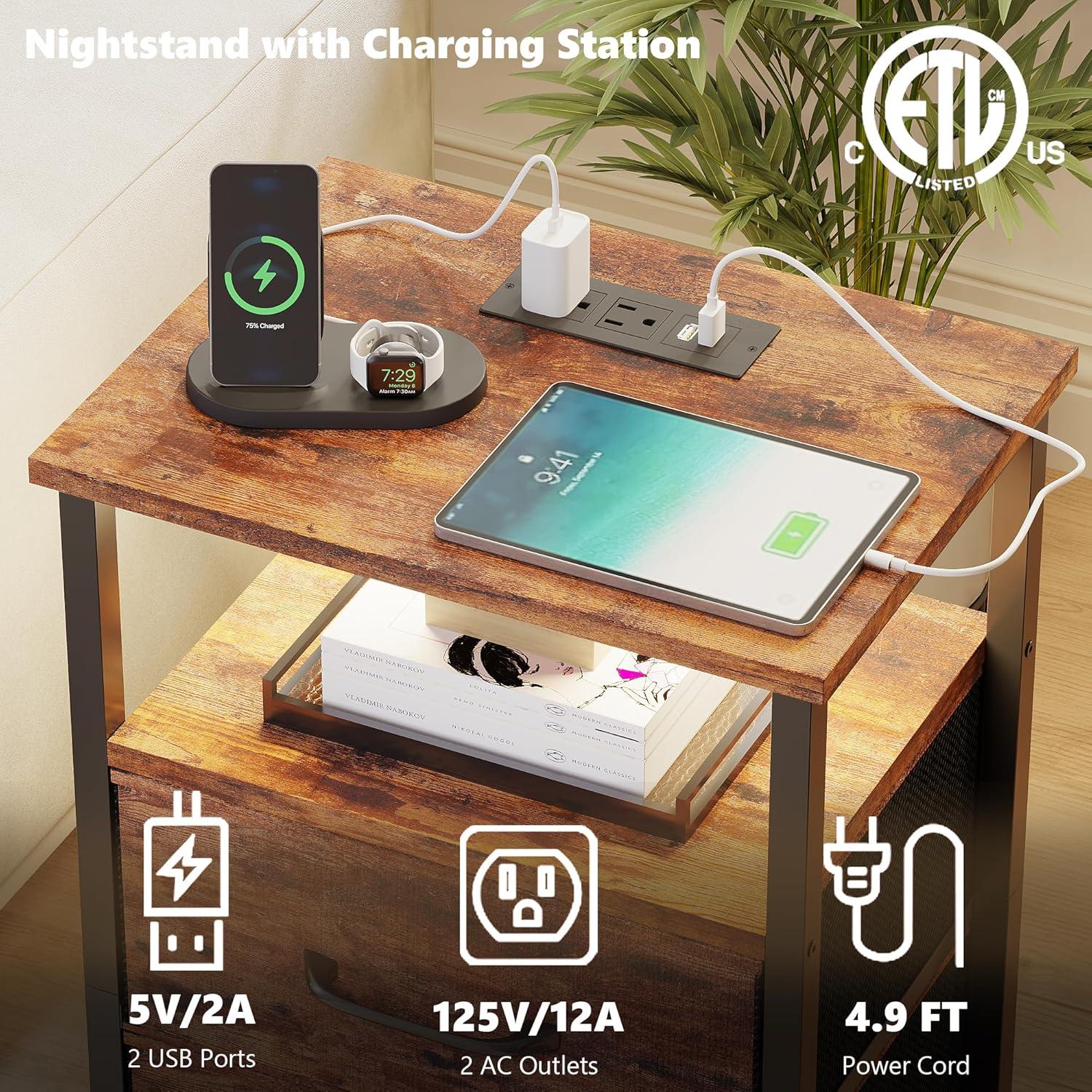 End Table with Charging Station, Narrow Side Table with 2 Fabric Drawers, Skinny Nightstand with LED Light, Slim Bedside Table for Bedroom, Living Room, Small Spaces, White