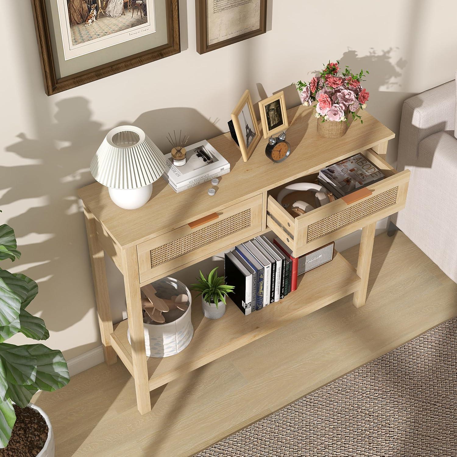 Farmhouse Rattan Console Table with 2 Drawers 2 Tier Boho Narrow Long Sofa Table Natural with Open Storage Shelf Wood Entryway Table for Living Room Hallway Foyer (Nature, 39.4 Inch)