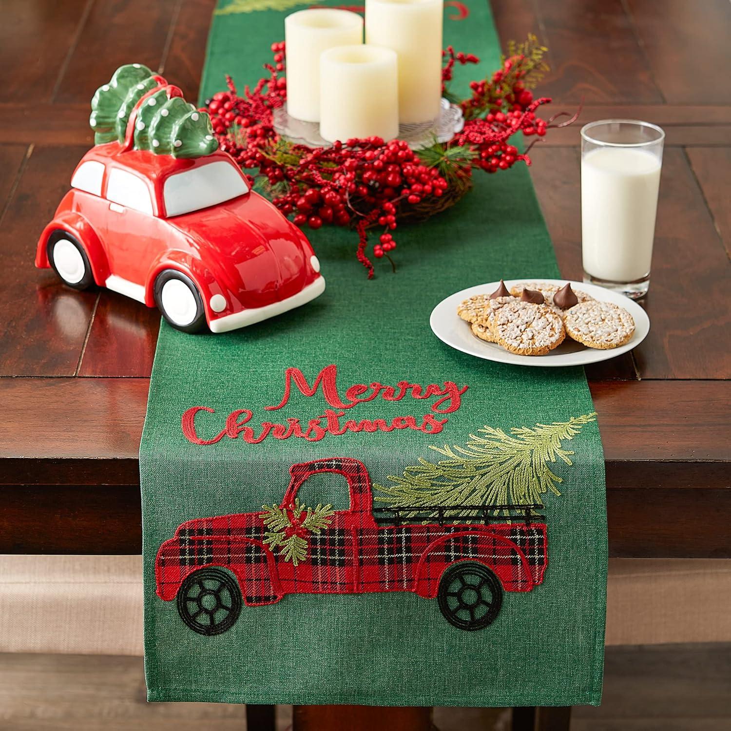 Green and Red Embroidered Christmas Truck Table Runner, 14x108