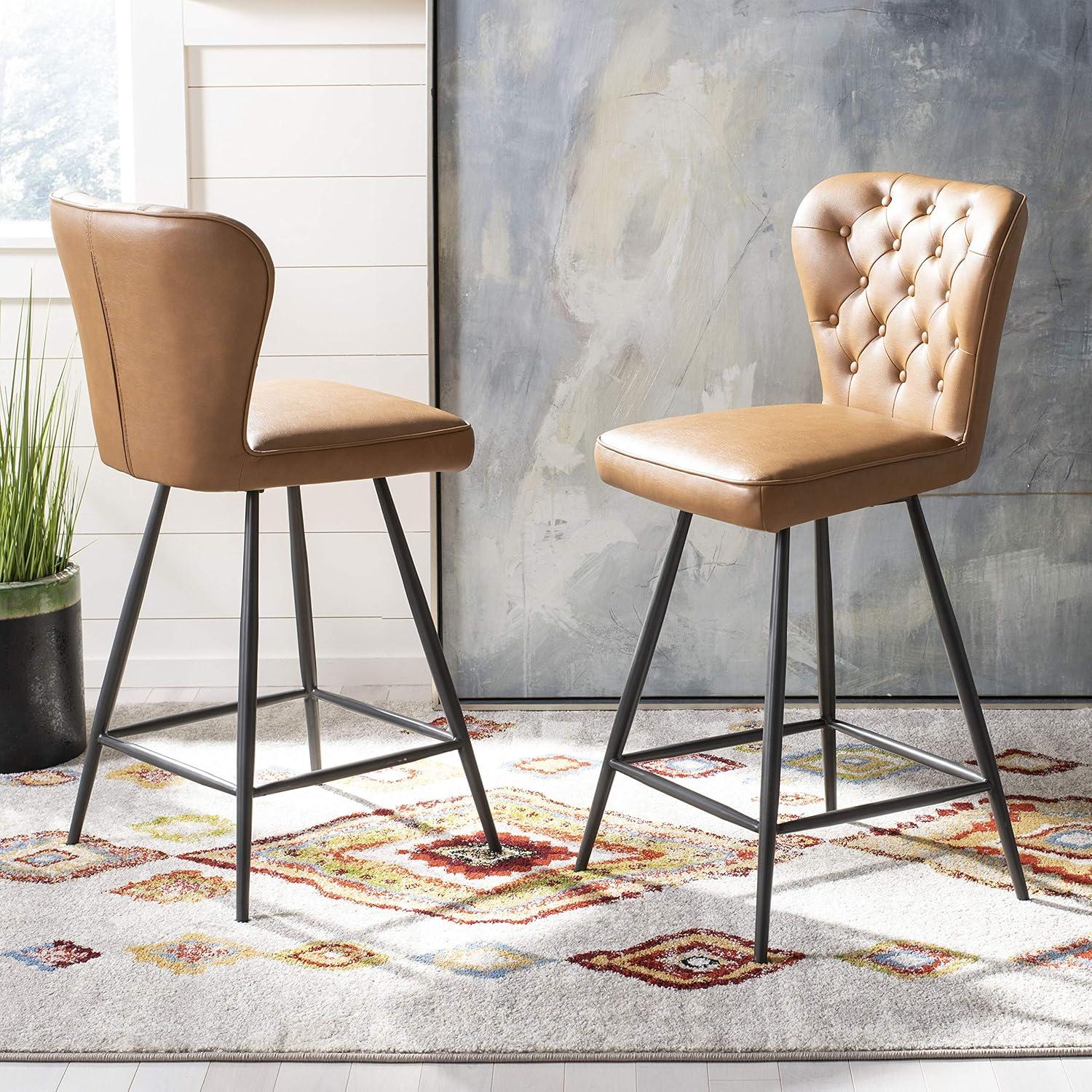 Ashby 26"H Mid-Century Modern Leather Tufted Swivel Counter Stool (Set of 2) - FOX1702 - Camel - Safavieh Couture