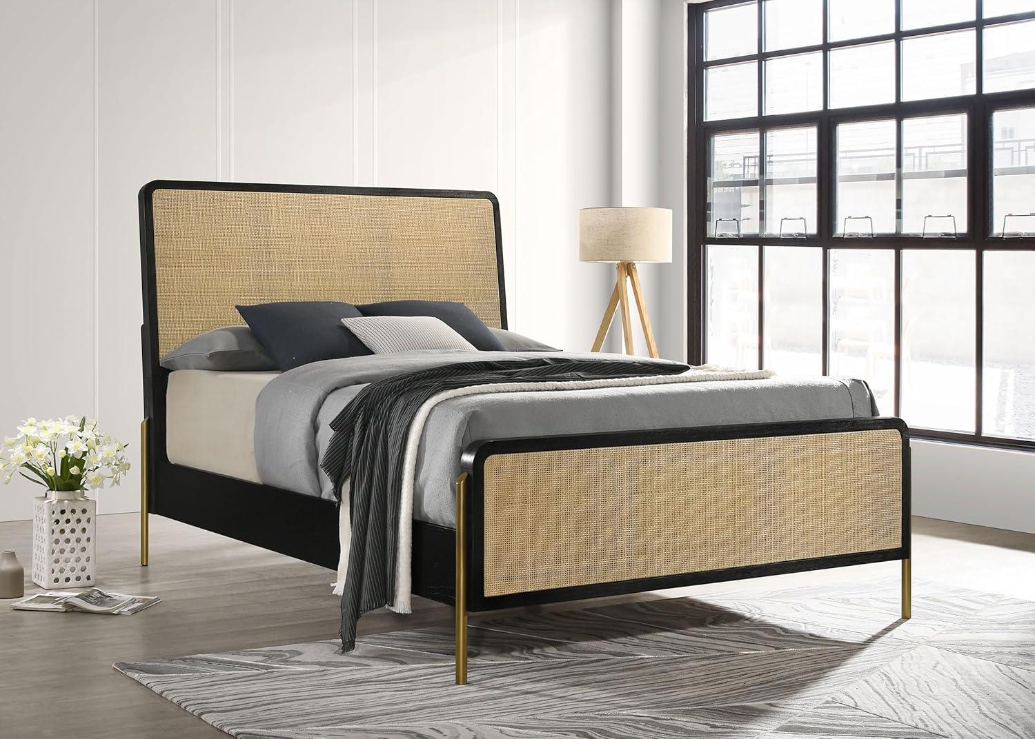 Coaster Arini Wood Queen Bed Woven Rattan Headboard Black and Natural