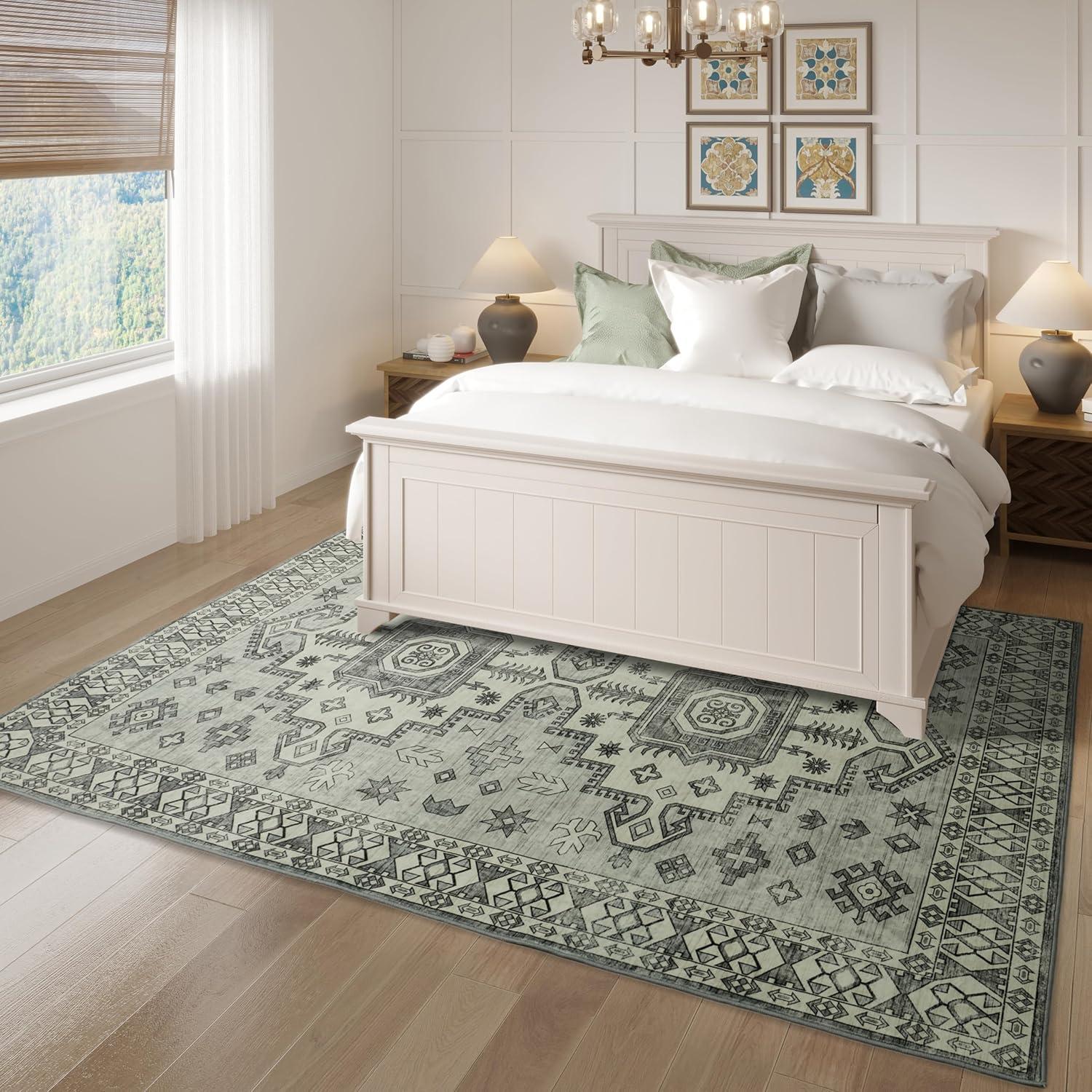 Machine Washable Thin Area Rug - Oriental Vintage Rust Red Kitchen, Bedroom, Hallway, Bathroom, and Entryway 3x5 Rugs - Stain and Water-Resistant - Non-Slip - Pet and Kid Friendly