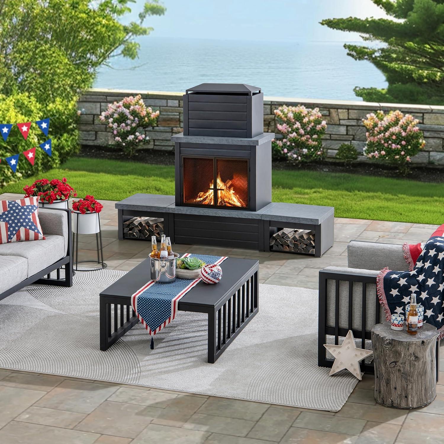 Sunjoy Outdoor Fireplace, Patio Wood Burning Steel Fireplace with Chimney, Log Holders, Fireplace Tool and PVC Cover