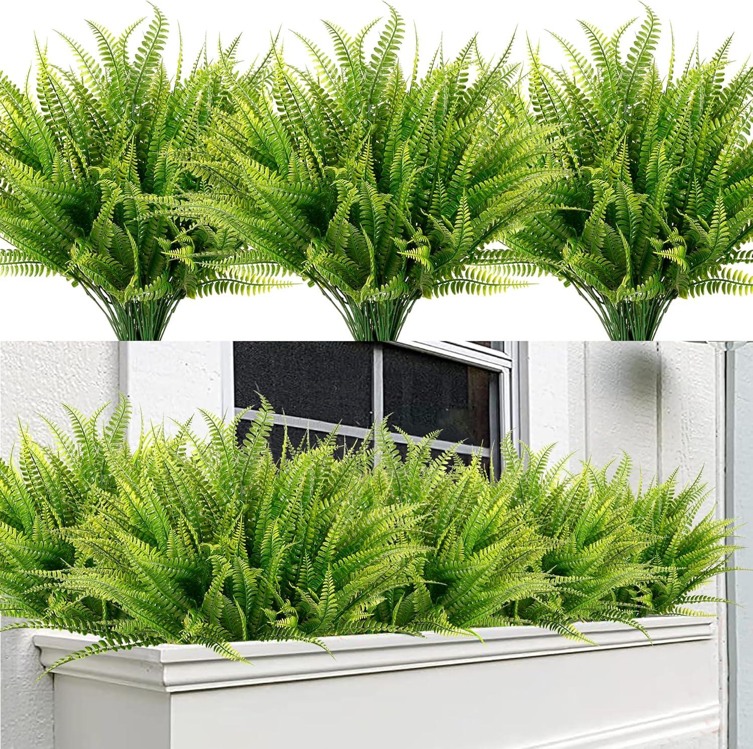 12 Bundles Artificial Ferns for Outdoors Fake Boston Fern Large Greenery Plants UV Resistant Faux Plastic Plants Shrubs for Garden Front Porch Window Box Indoor Outdoor Decoration