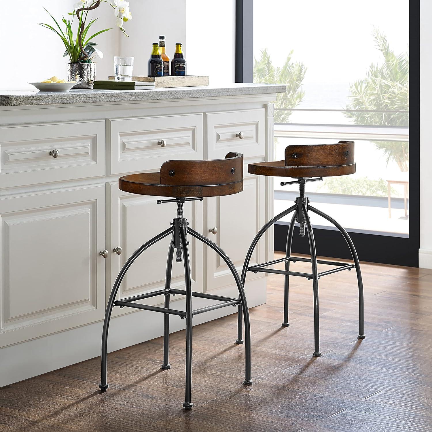 Edison Industrial Black Metal and Medium Wood Swivel Bar Stool