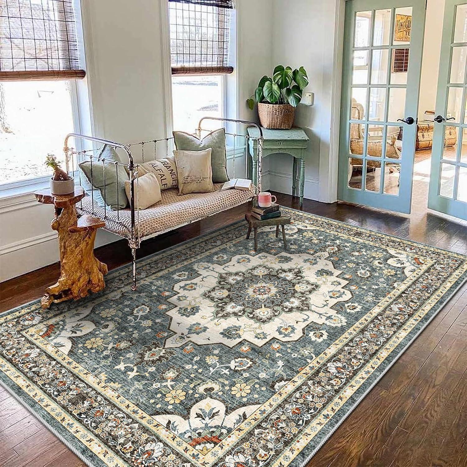 Polyester Machine Washable Blue Oriental Area Rug