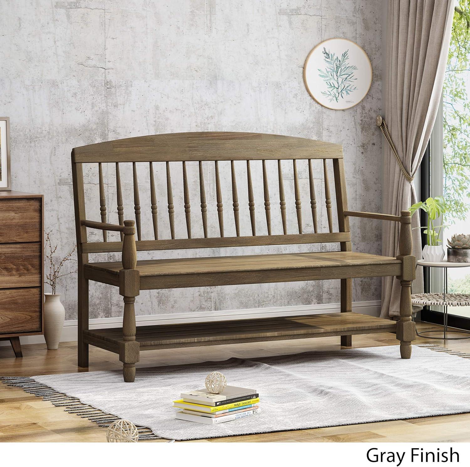 Eddie Rustic Acacia Wood Bench with Shelf, Gray