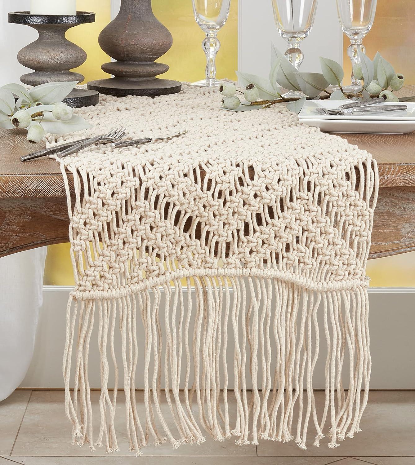 Natural Cotton Macramé Table Runner with Fringed Edges