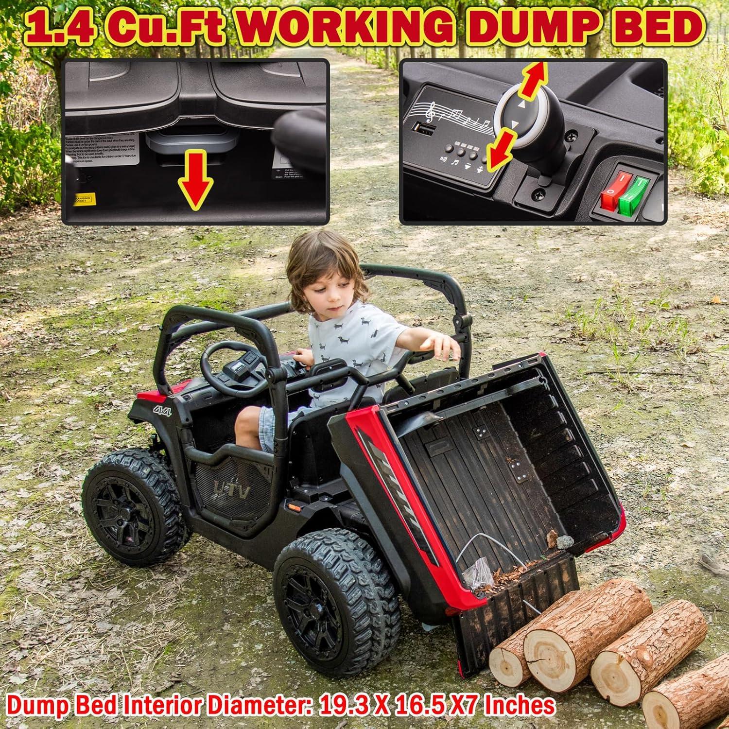 4 Wheels 24V Ride on Dump Truck Toys 2 Seater Kids Ride On UTV Car with Remote Control,Electric Dump Bed