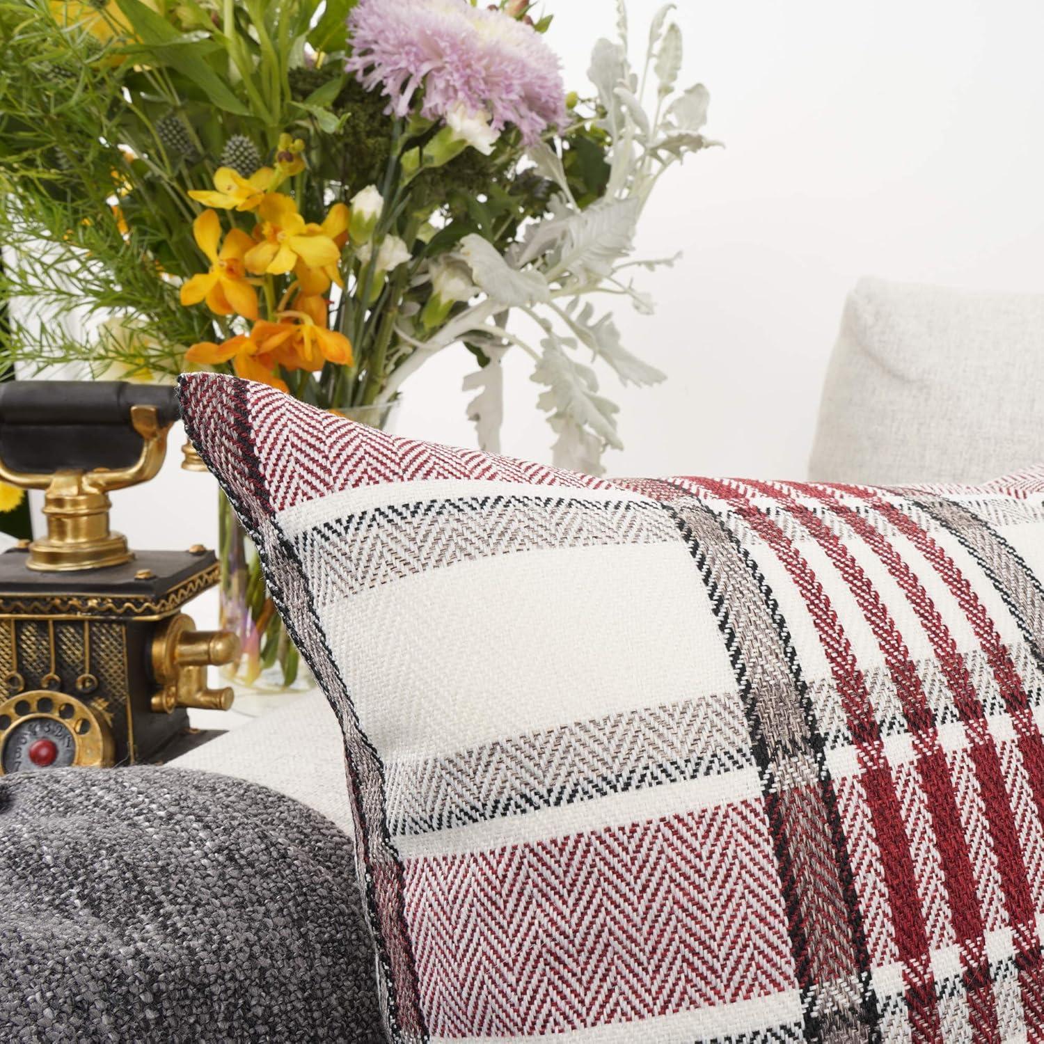 Fundas de Almohada de Lino y Algodón con Rayas a Cuadros de Búfalo Rojo, 18x18 Pulgadas, Juego de 2, Estilo Granja Vintage