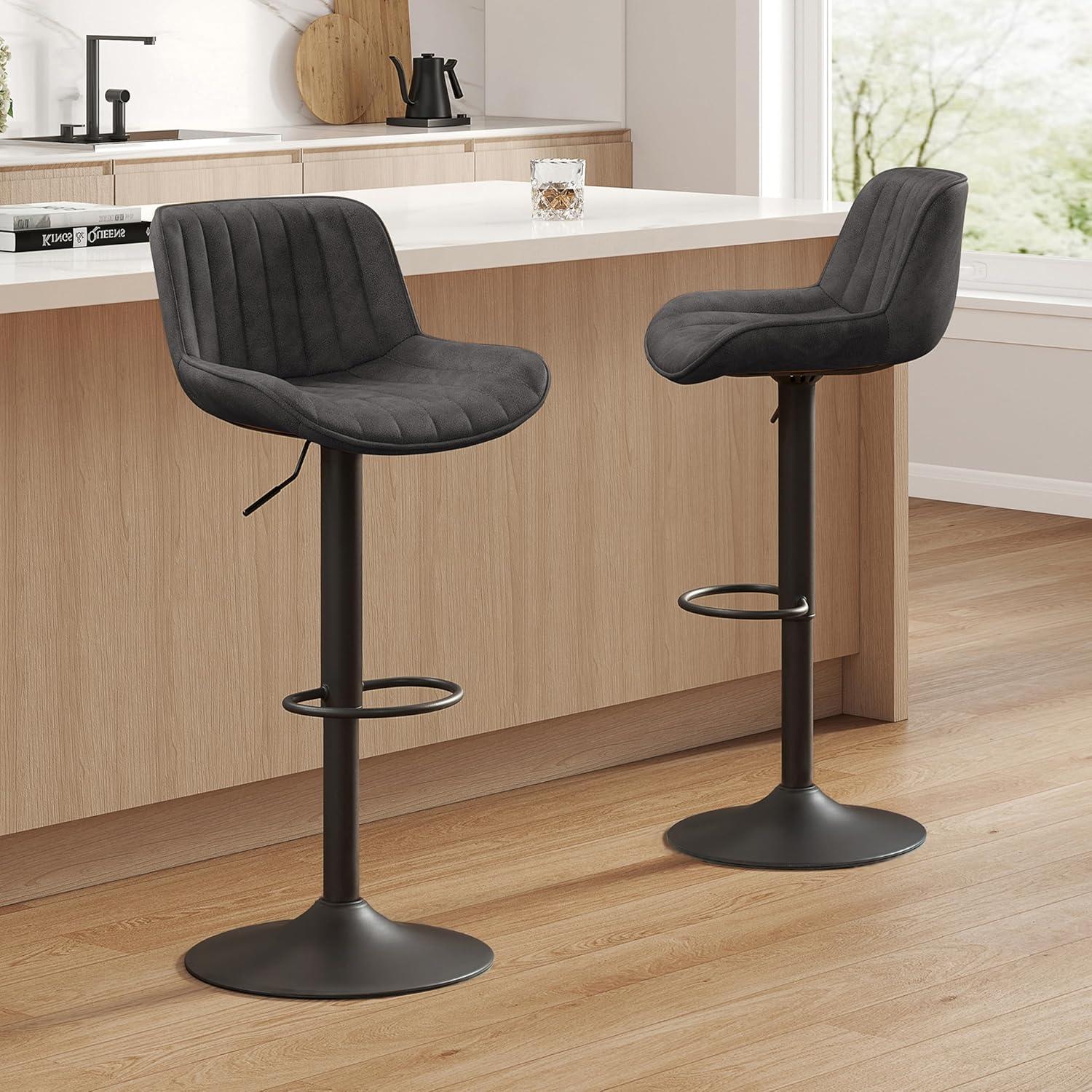 Art Leon Rustic Bar Stools Set of 2, Faux Leather with Backrest Chrome Legs, Upholstered Swivel Kitchen Stools, Black Brown