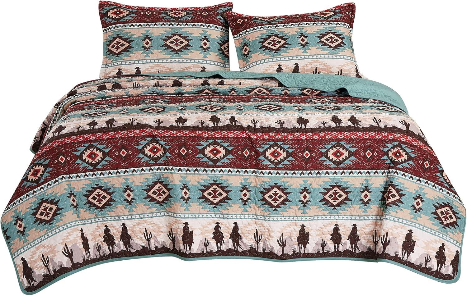 Chezmoi Collection Dune 3-Piece Southwestern Cowboys Quilt Set, Multicolor Teal Brown Beige Tan Red Printed Microfiber Bedspread, King