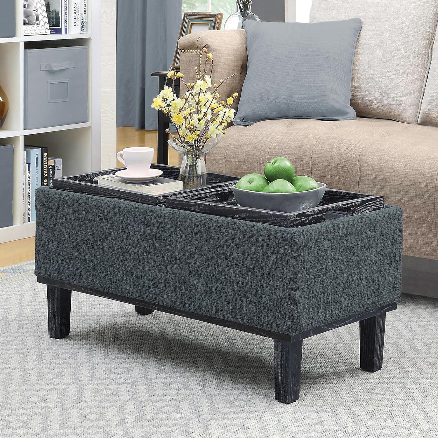 Gray Linen Tufted Storage Ottoman with Reversible Trays