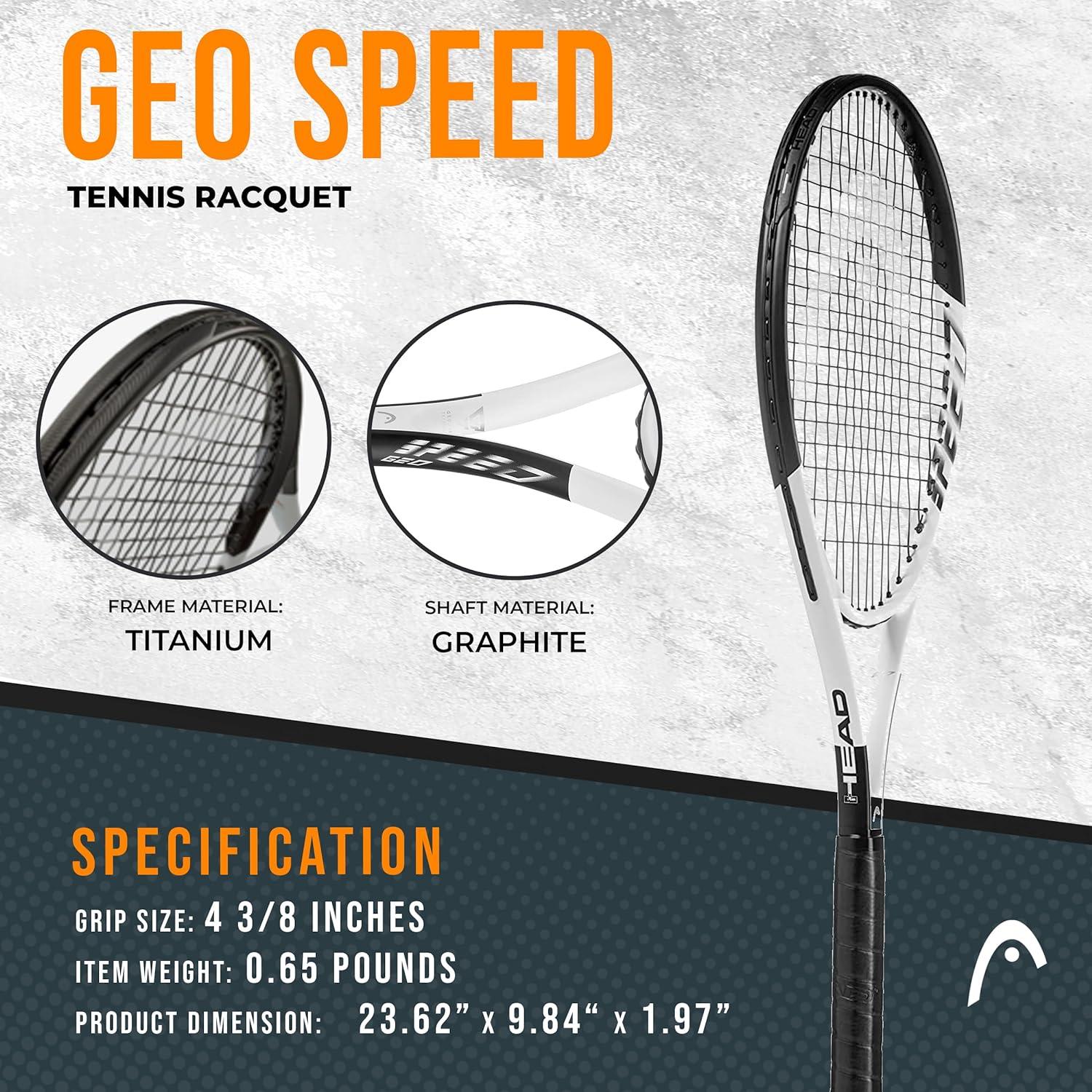 HEAD Geo Speed Adult Tennis Racquet, Pre-Strung, Black/White, 10.4 oz. Weight, 105 Sq. in. Racquet Head Size
