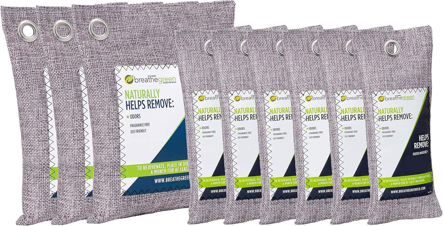 Breathe Green Bamboo Charcoal Bags Odor Absorber (9-Pack) Activated Charcoal Odor Eliminator Bag, Natural Freshener Removes Odors and Moisture, Odor Eliminator for Home, Pets, Shoes, Closet, RV