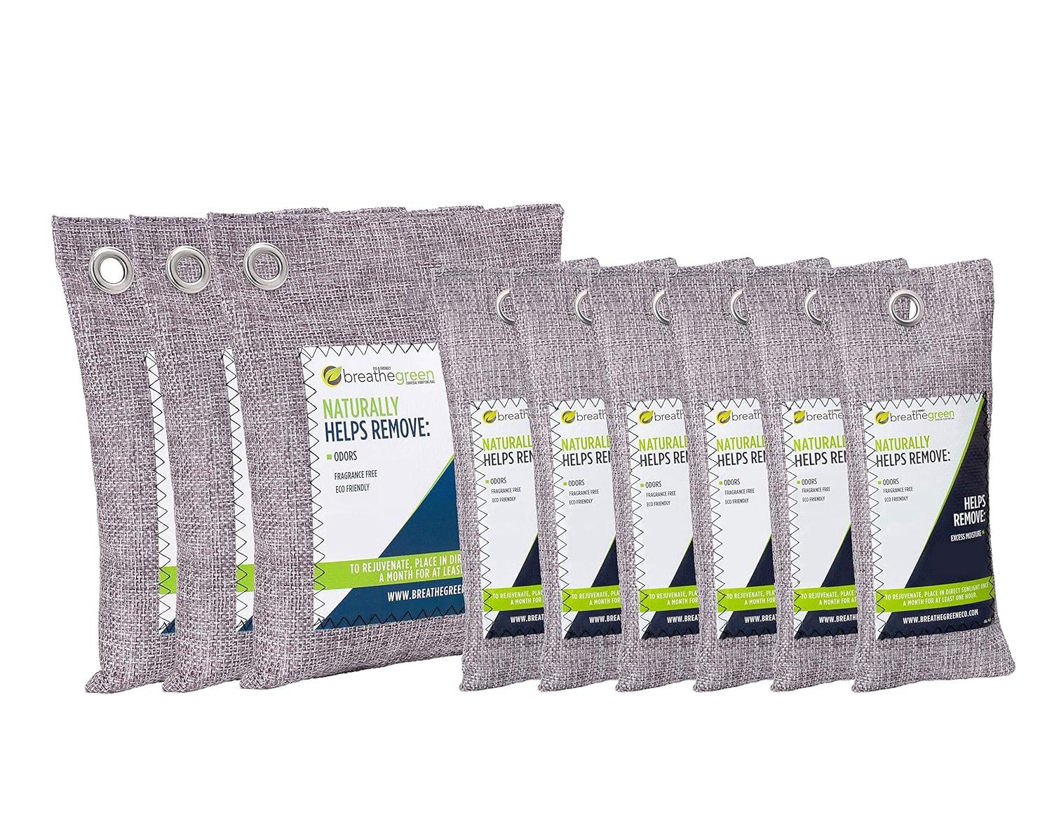 Breathe Green Bamboo Charcoal Bags Odor Absorber (9-Pack) Activated Charcoal Odor Eliminator Bag, Natural Freshener Removes Odors and Moisture, Odor Eliminator for Home, Pets, Shoes, Closet, RV