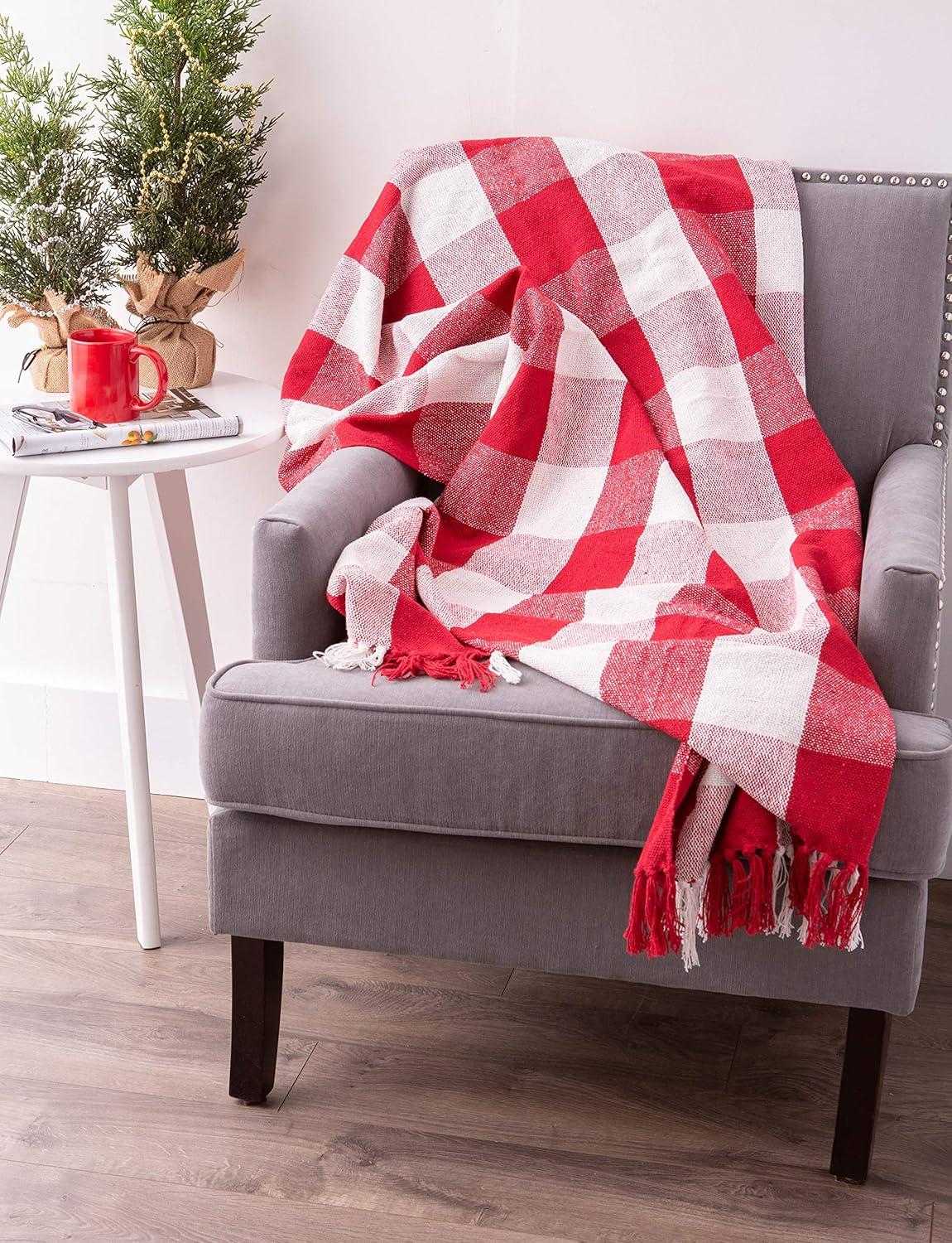 50"x60" Buffalo Check Throw Blanket Red/White - Design Imports: Cotton Woven, Lightweight, Machine Washable