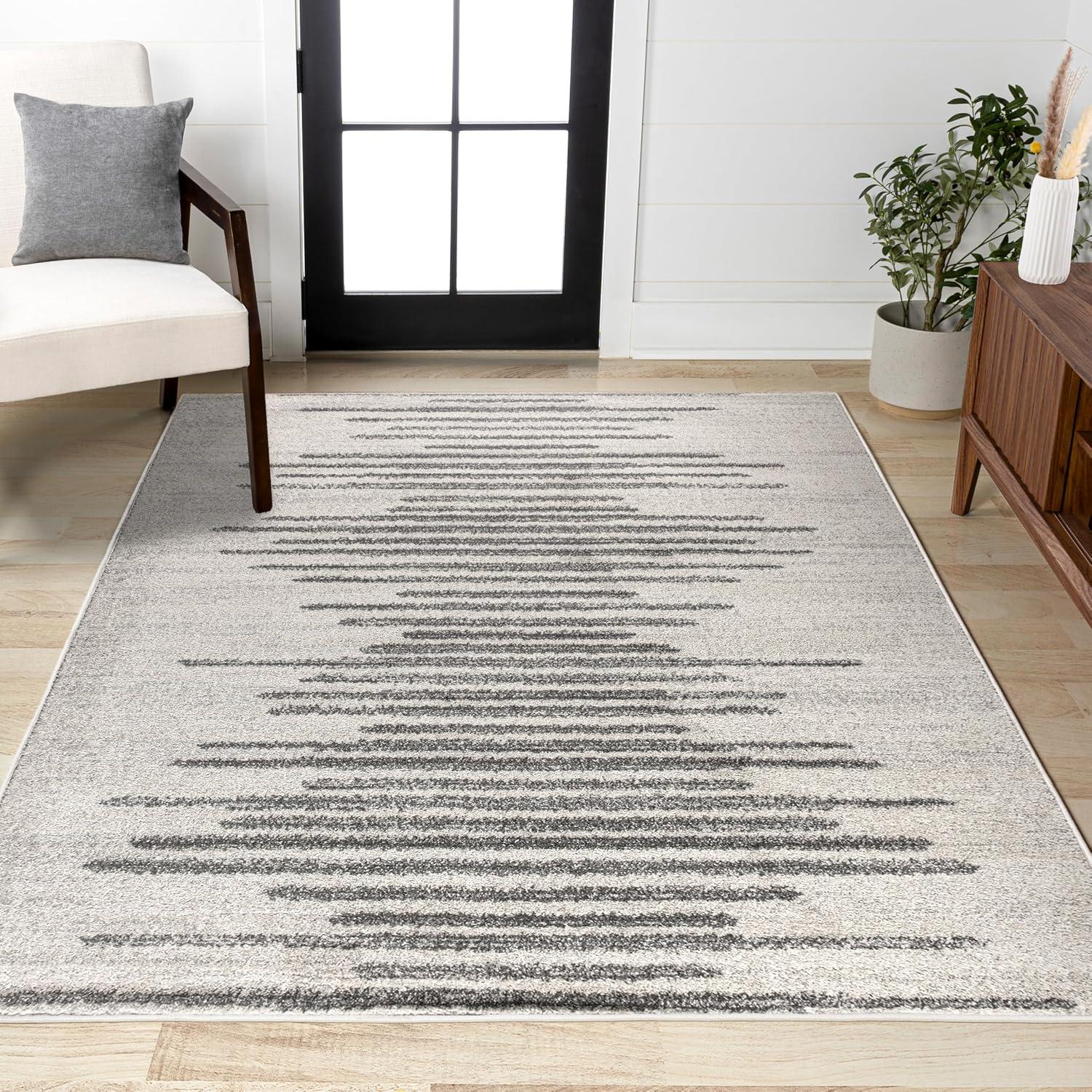3'x5' Aya Berber Stripe Geometric Area Rug, Cream/Gray - JONATHAN Y