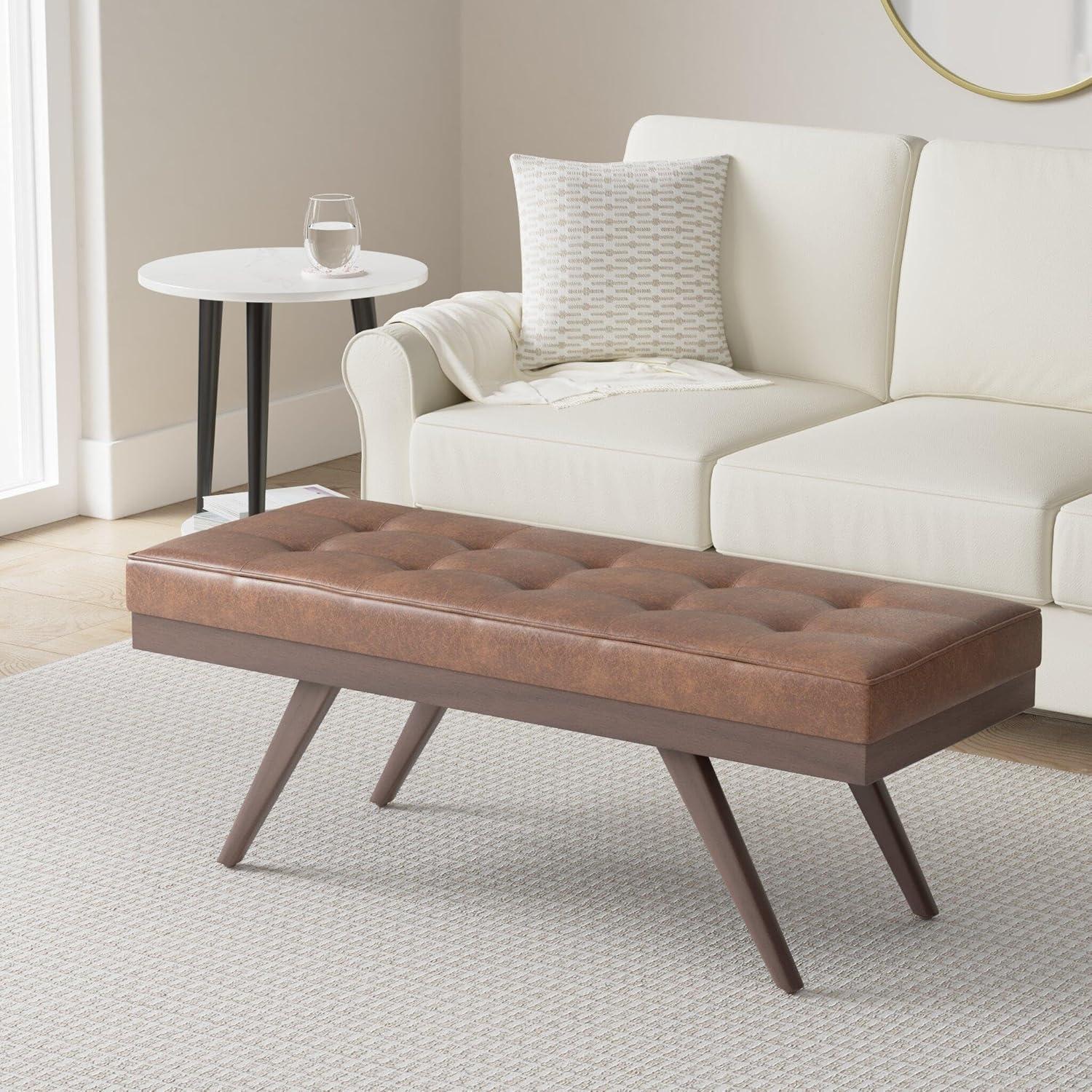 Simpli Home Pierce Solid Hardwood Mid Century Ottoman Bench In Distressed Umber Brown