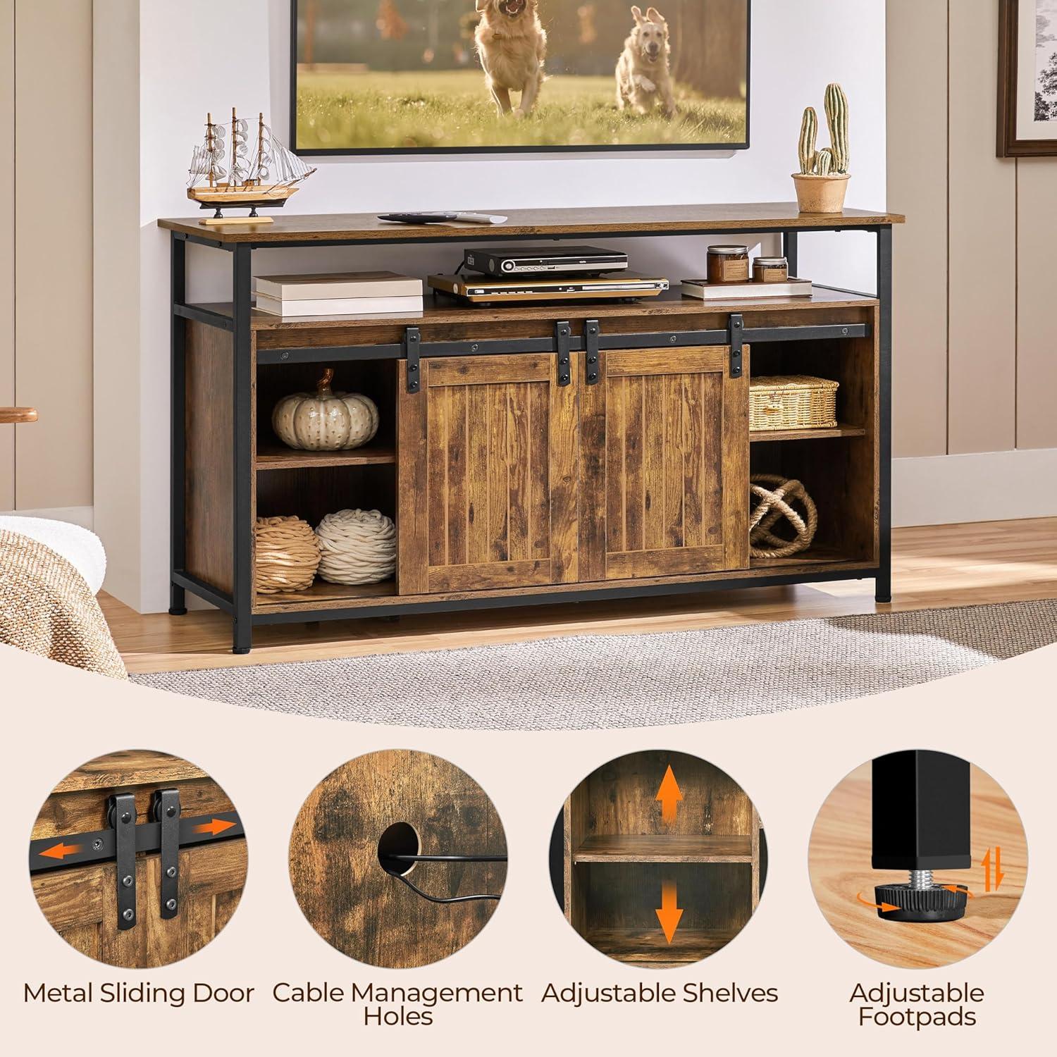 Alden Design Industrial Wooden Television Stand with Sliding Barn Doors for TVs up to 65in, Rustic Brown