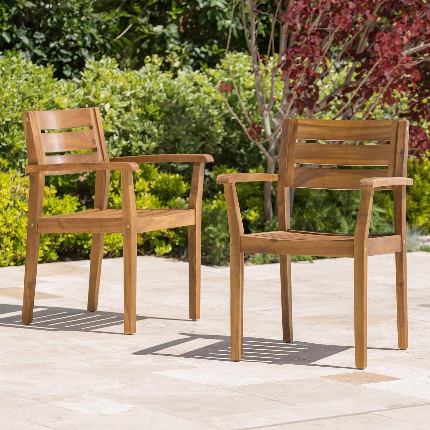 Teak Finish Acacia Wood Outdoor Dining Chairs, Set of 2