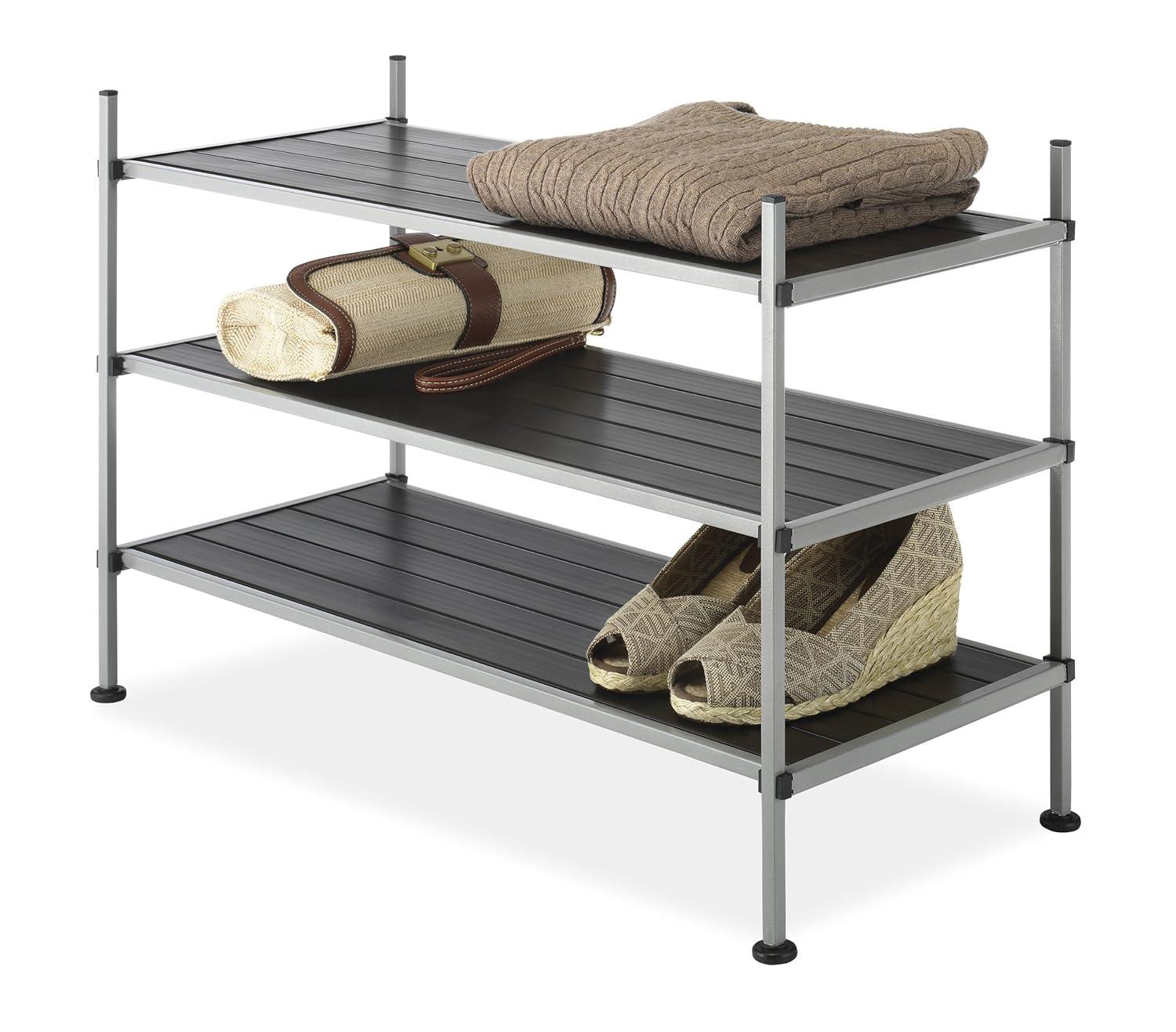 Whitmor 3-Tier Storage Shelves - Shoe Rack and Home Organizer - 12" x 25.625" x 17" - Silver Epoxy Iron Frame