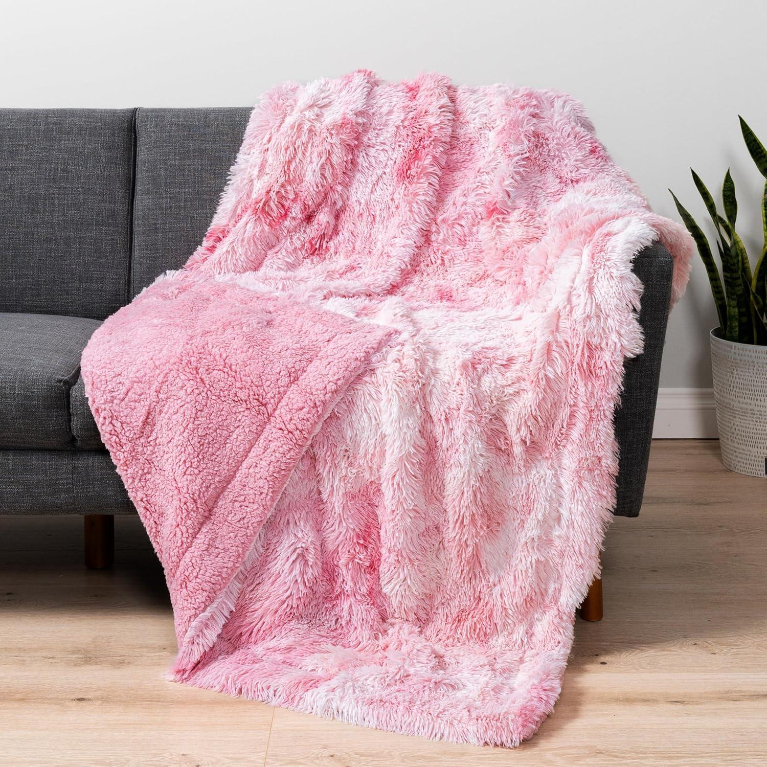 PAVILIA Fluffy Faux Fur Reversible Throw Blanket for Bed, Sofa, and Couch