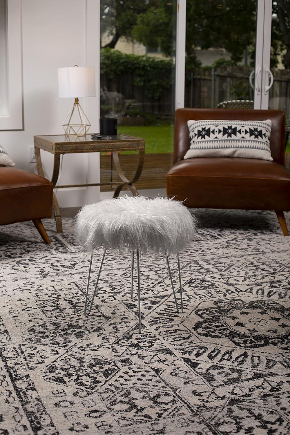 BirdRock Home Round Faux Fur Foot Stool Ottoman - Grey with Silver Legs