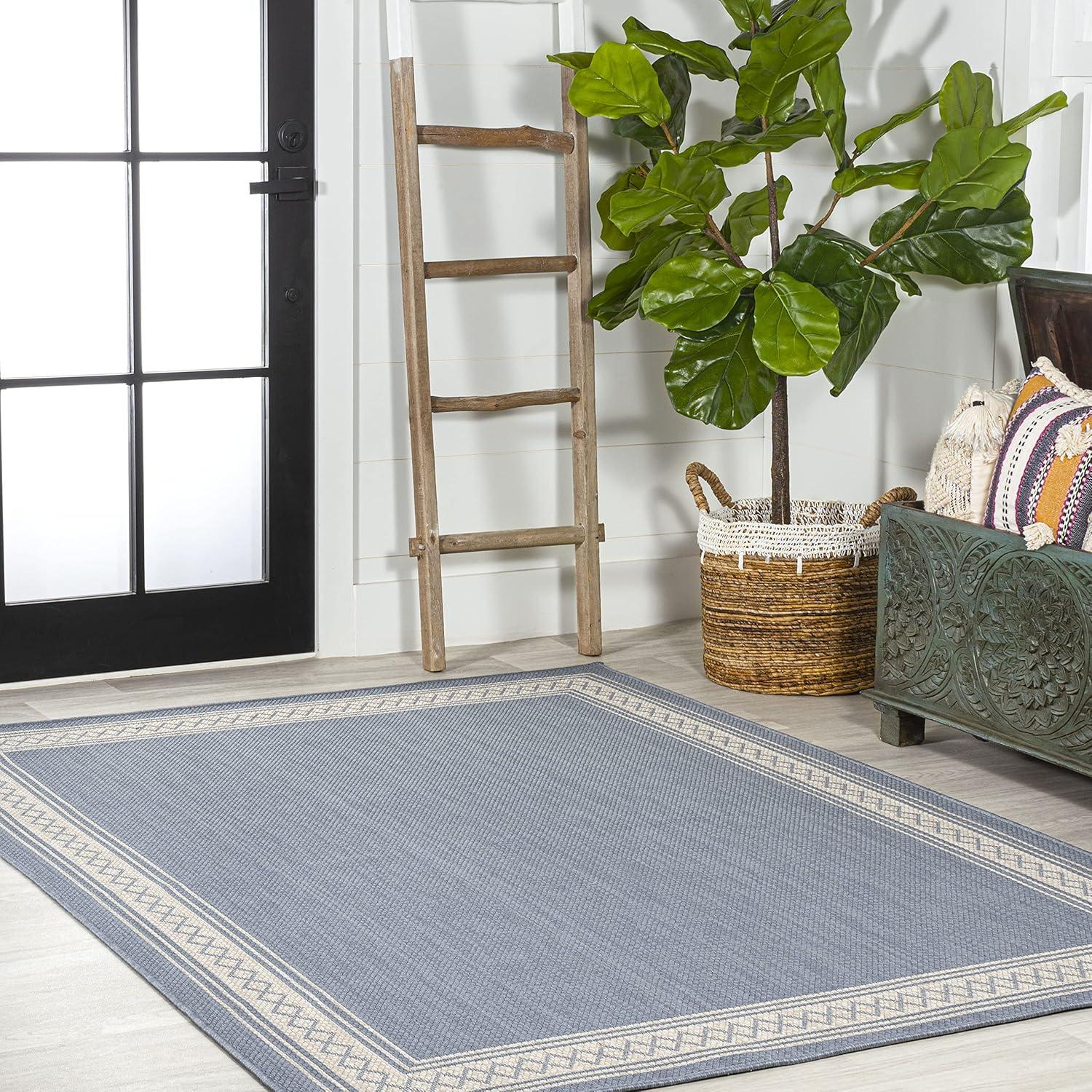 Modern Diamond Border 4' x 6' Blue Synthetic Area Rug