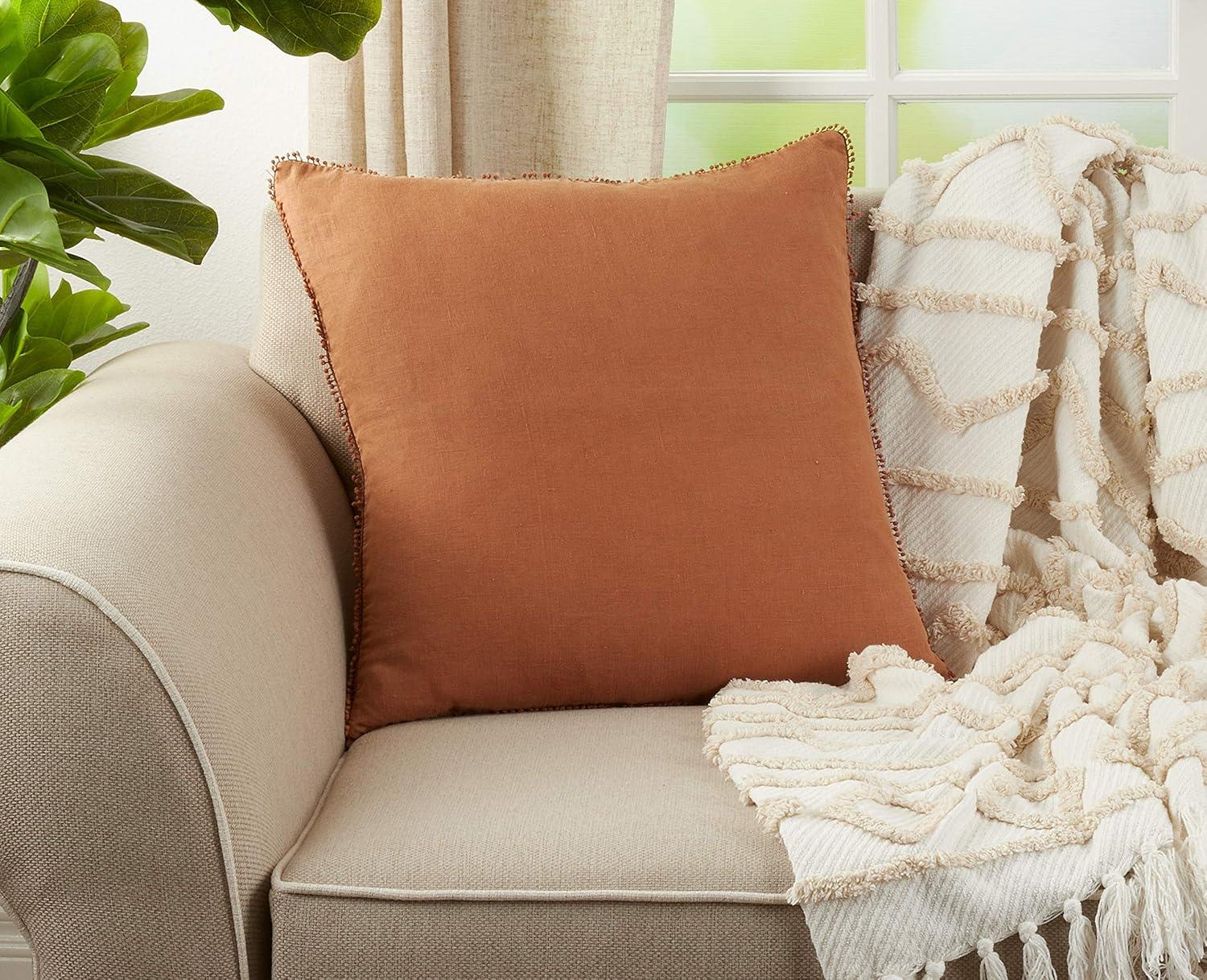 Terracotta Linen 27" Square Pom-Pom Throw Pillow