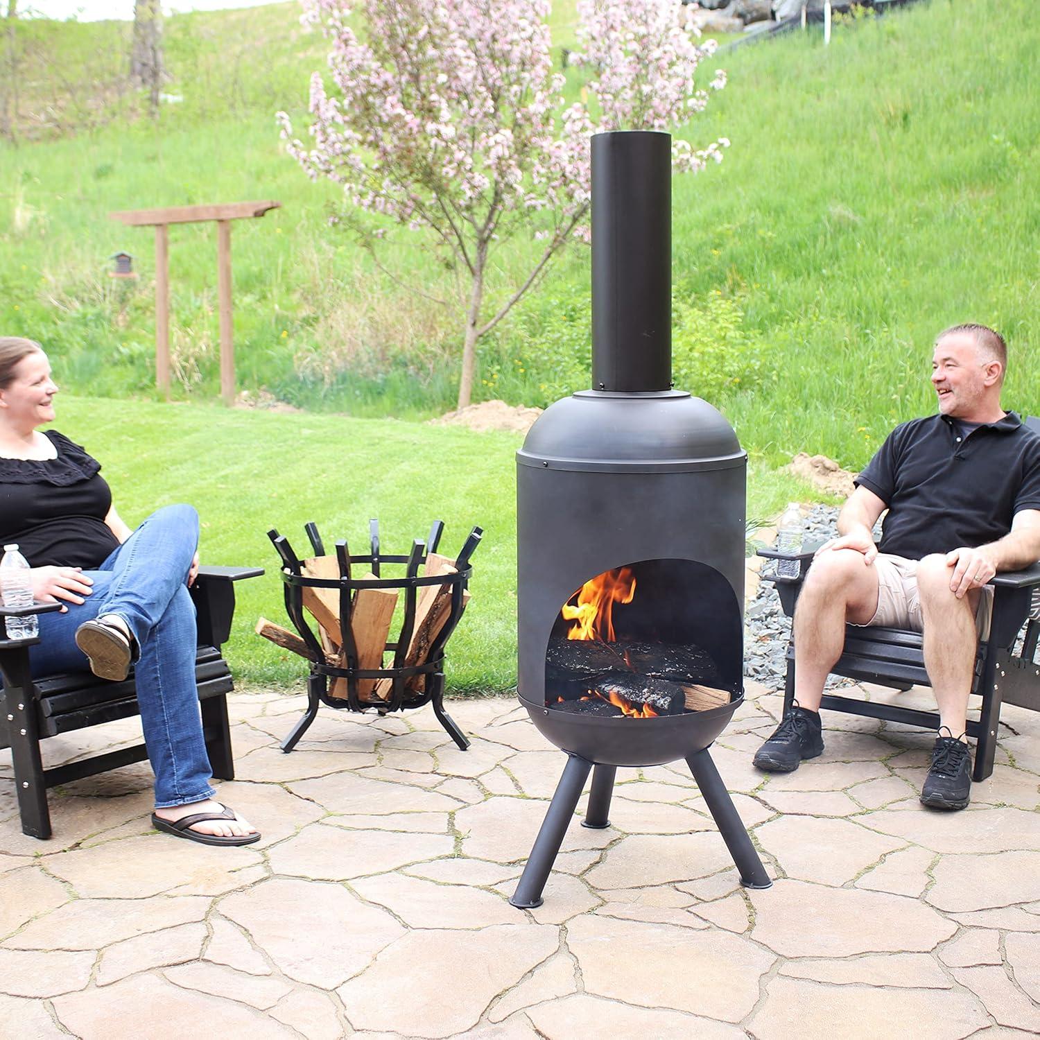 60" Heat-Resistant Black Finish Steel Wood-Burning Chiminea with Wood Grate