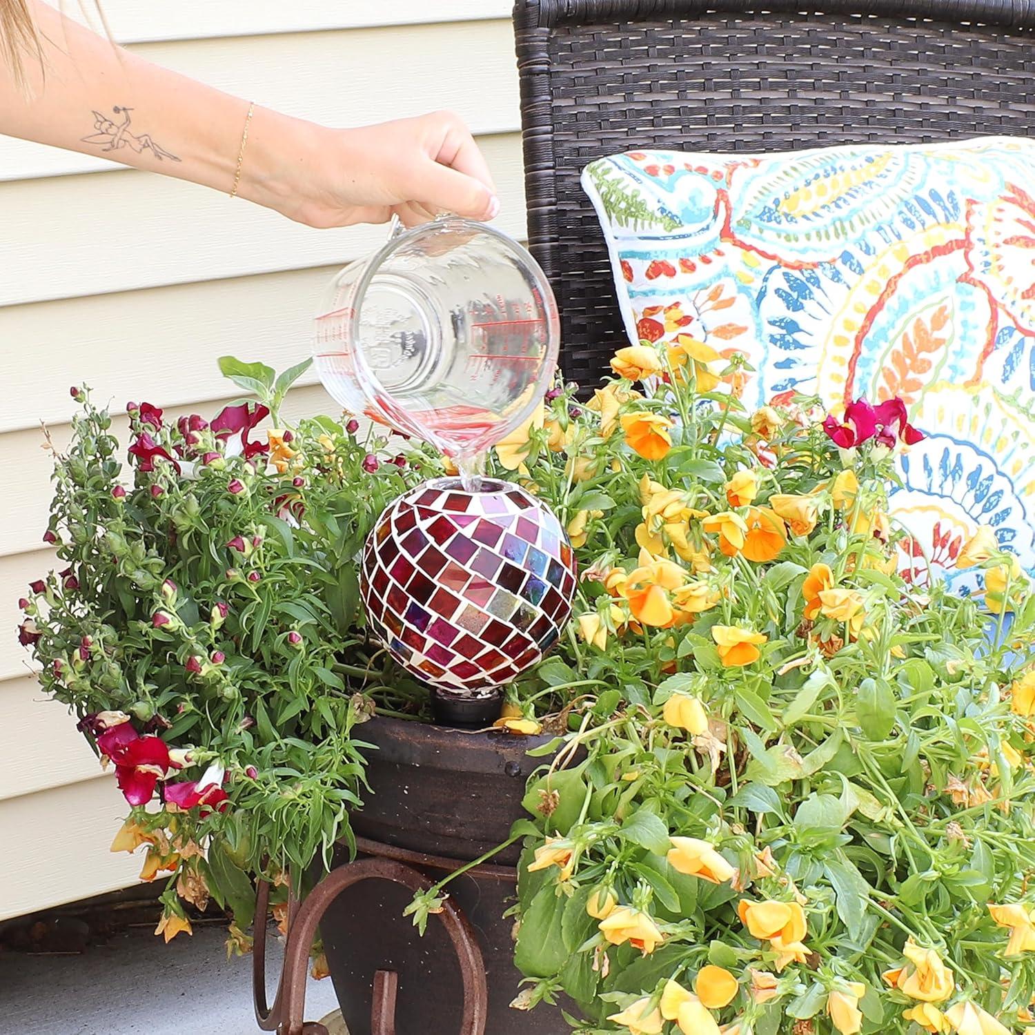 Sunnydaze Magenta Medley Round Mosaic Glass Plant Watering Bulb with Clay Watering Spike