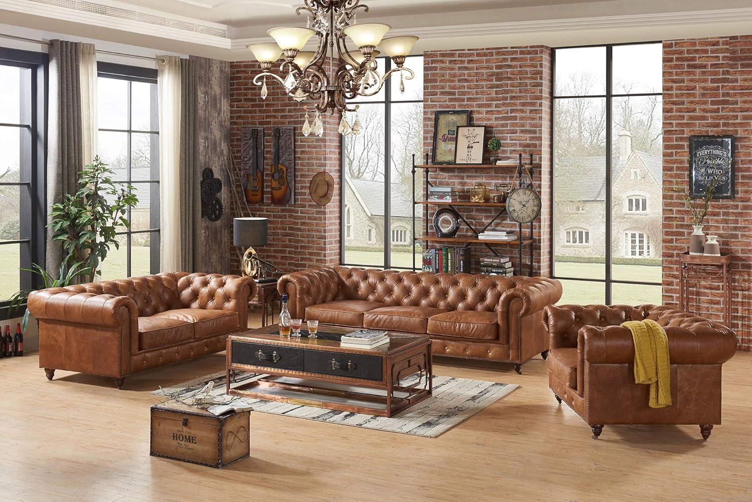 Light Chestnut Leather Chesterfield Armchair with Wood Legs