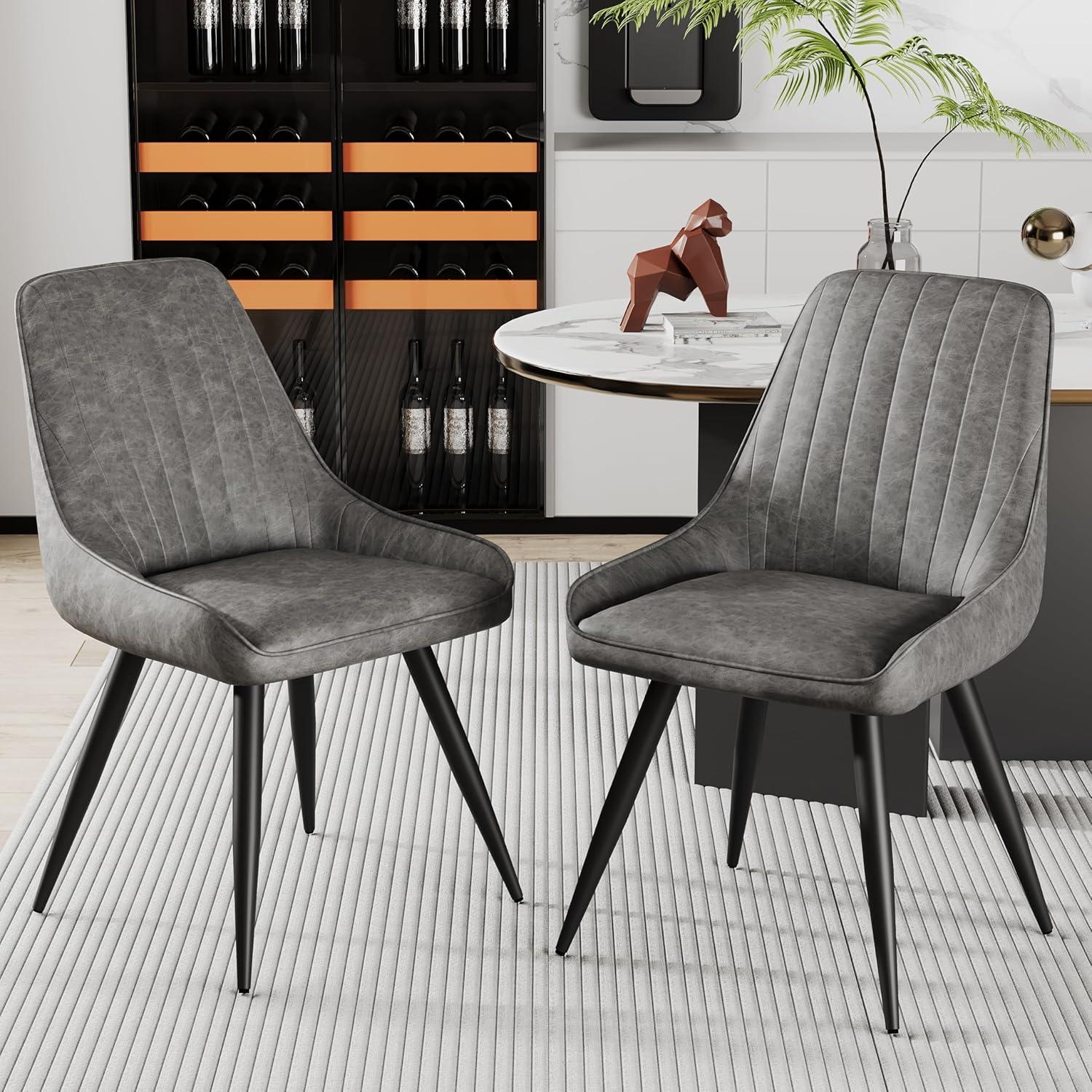 Alunaune Upholstered Dining Chairs Set of 2 Modern Faux Leather Armless Kitchen Chairs, Mid Century Leisure Accent Chair Living Room Desk Side Chair with Metal Legs-Grey