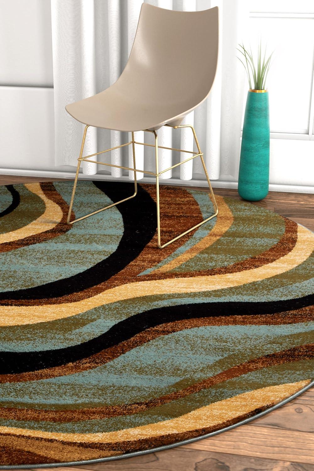 Well Woven Hudson Waves Geometric Modern Casual Abstract Contemporary Natural Lines Soft 5'3" Round Multi Blue Area Rug