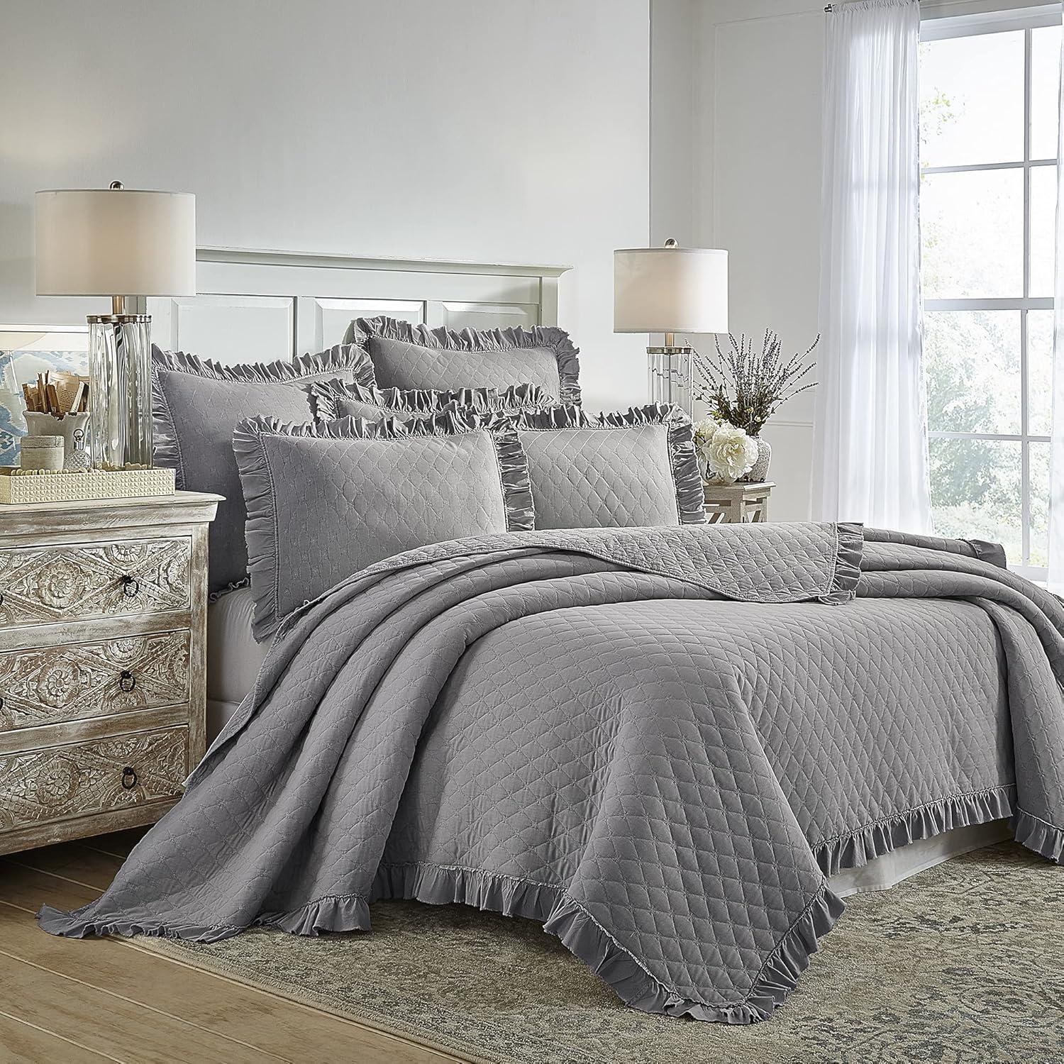 Levtex Home - Grey Stonewash Quilt Set - King/Cal King Quilt + One King Pillow Sham - Grey with Frayed Ruffle - Quilt Size (106x92in.) and Pillow Sham Size (36x20in. ) - Reversible - Microfiber