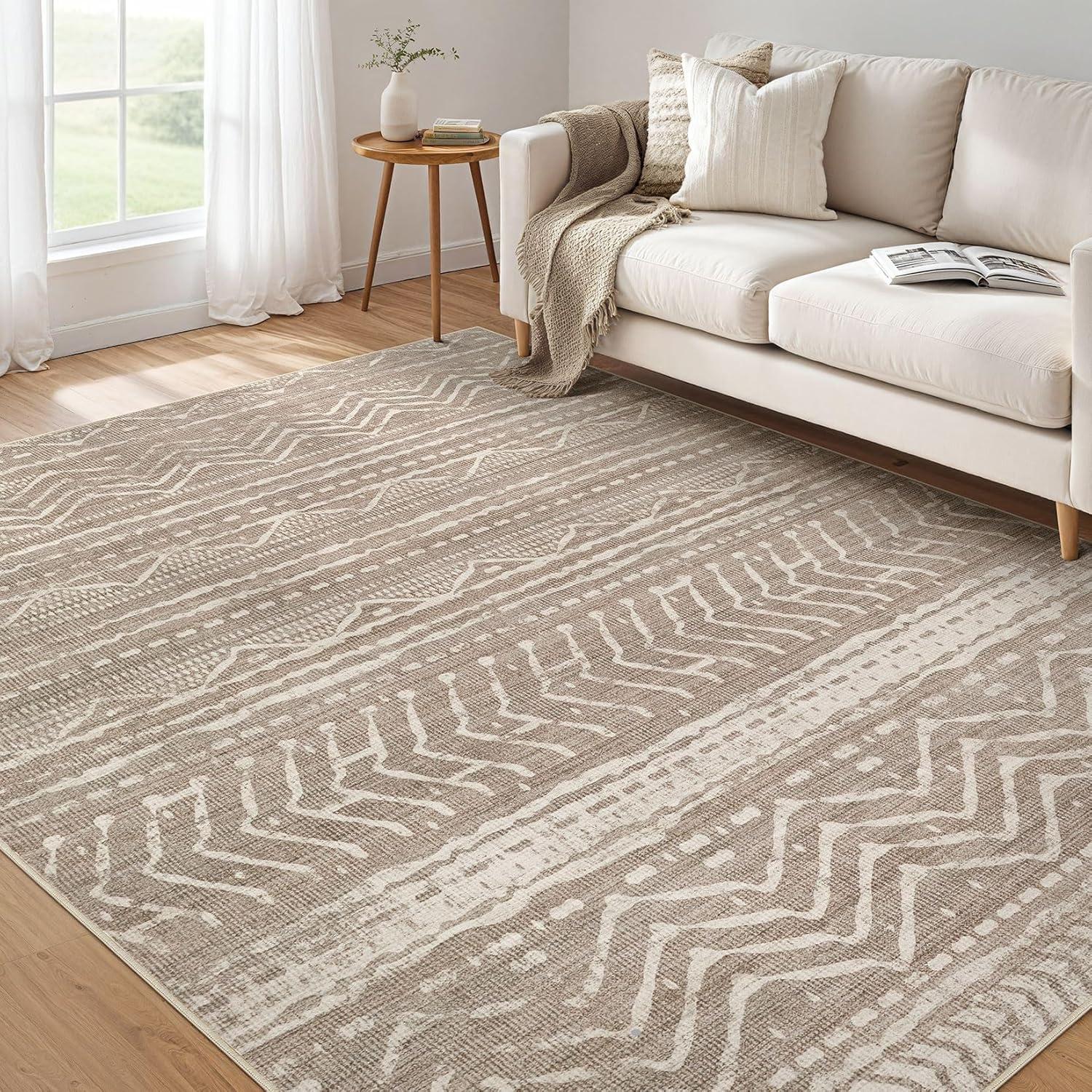 FairOnly 9'x12' Brown White Area Rugs Machine Washable Vintage Rugs for Bathroom Geometric Moroccan Ultra-Thin Area Rugs for Family Room Living Room Carpet