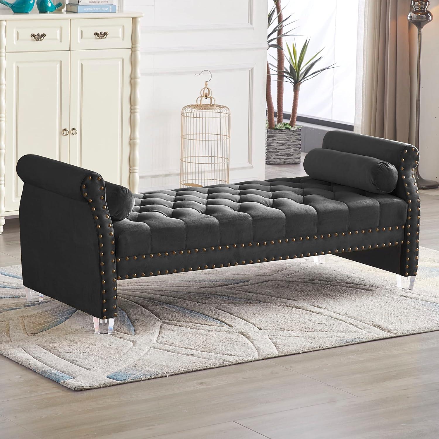 Stefania 71-inch Rolled Arm Oversized Velvet Tufted Upholstered Bench Standard Benches Black Velvet Victorian,Mid-Century Modern