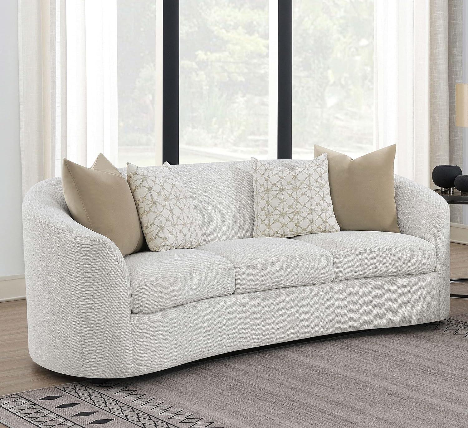 88.5" White Fabric Curved Tight Back Sofa with Sloped Arms