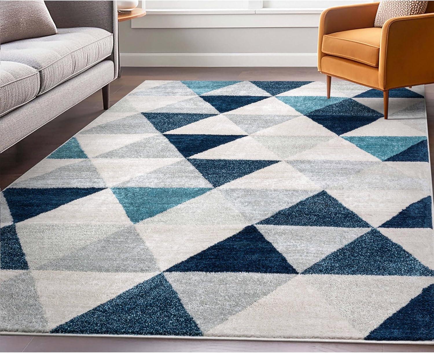 Well Woven Isometry Blue & Grey Modern Geometric Triangle Pattern 7'10" x 9'10" Area Rug Soft Shed Free Easy to Clean Stain Resistant