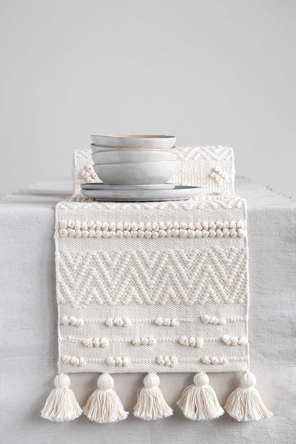 Creative Co-Op 72" Woven Cotton Textured Table Runner with Pom Poms & Tassels