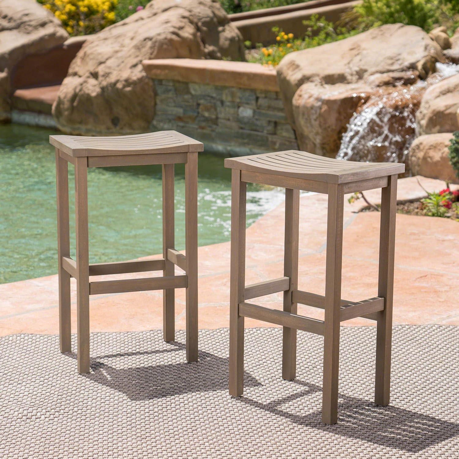 Cassie Outdoor 30 Inch Acacia Wood Barstools, Set of 2, Grey Finish