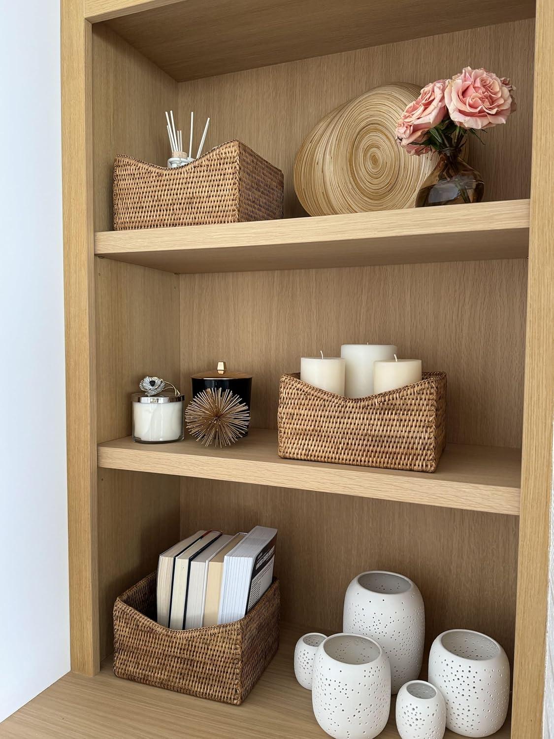 Kouboo La Jolla Rattan Organizing & Shelf Basket, Hand Woven Basket For Shelves, Foldable Cube Storage Baskets Bins, Pantry, Honey Brown