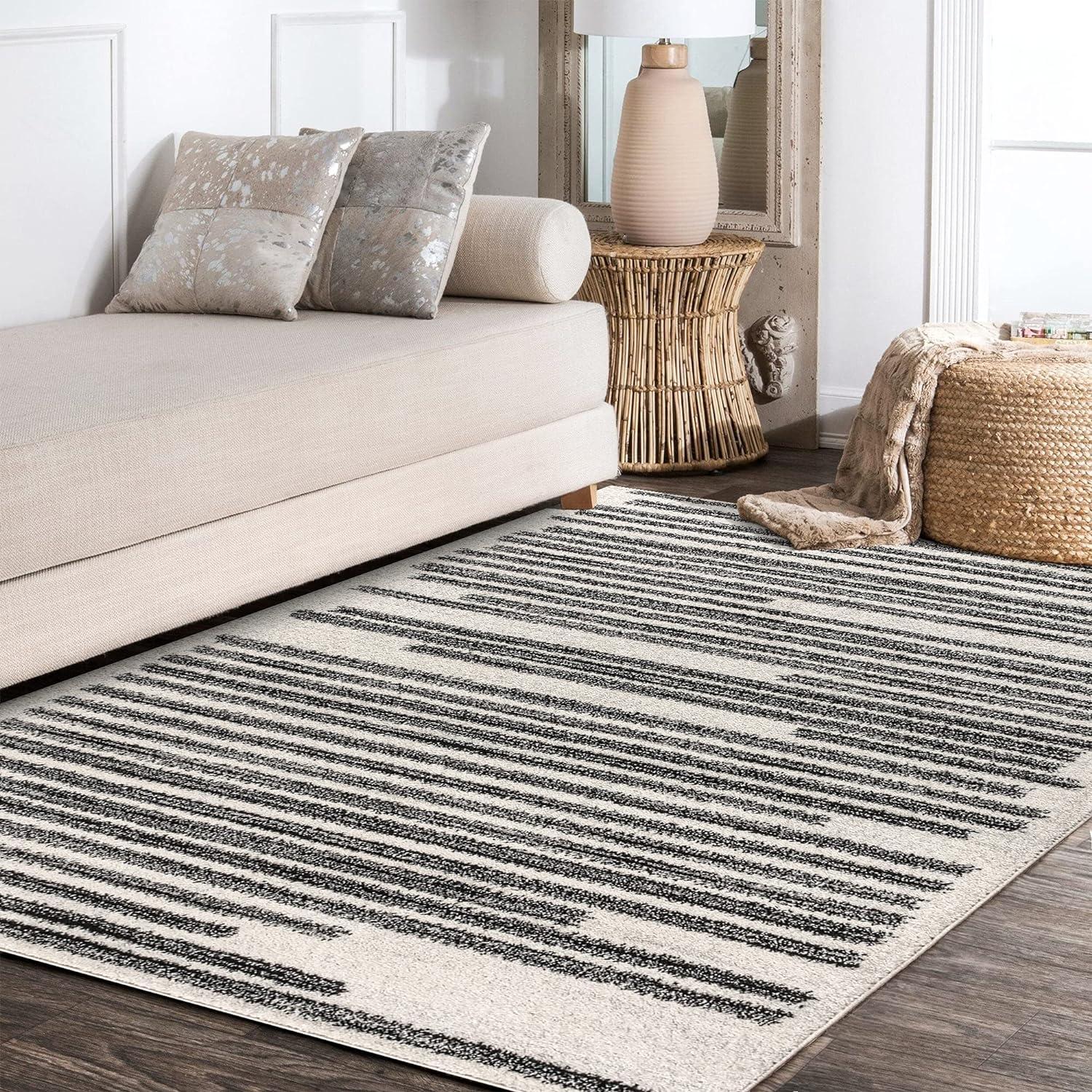 3'x5' Khalil Modern Berber Stripe Area Rug, Cream/Black - JONATHAN Y