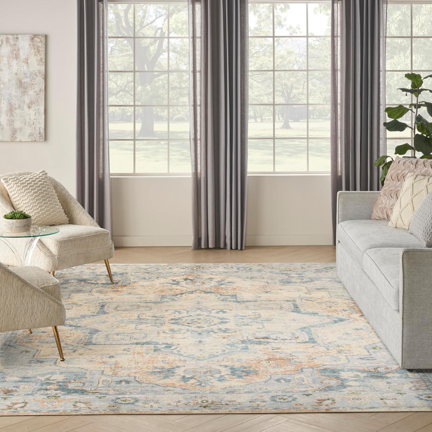 Nourison Astra Machine Washable 9' x 12' Beige Blue Vintage Indoor Flatweave Rug