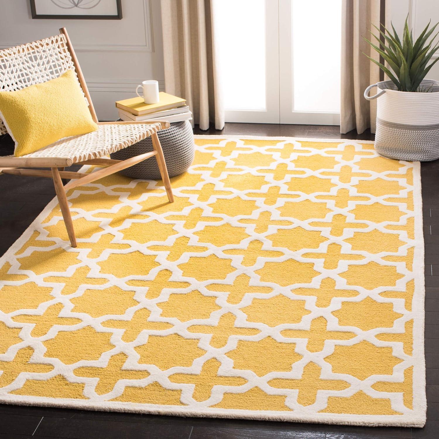 Gold and Ivory Hand-Tufted Wool Geometric 6' Square Rug