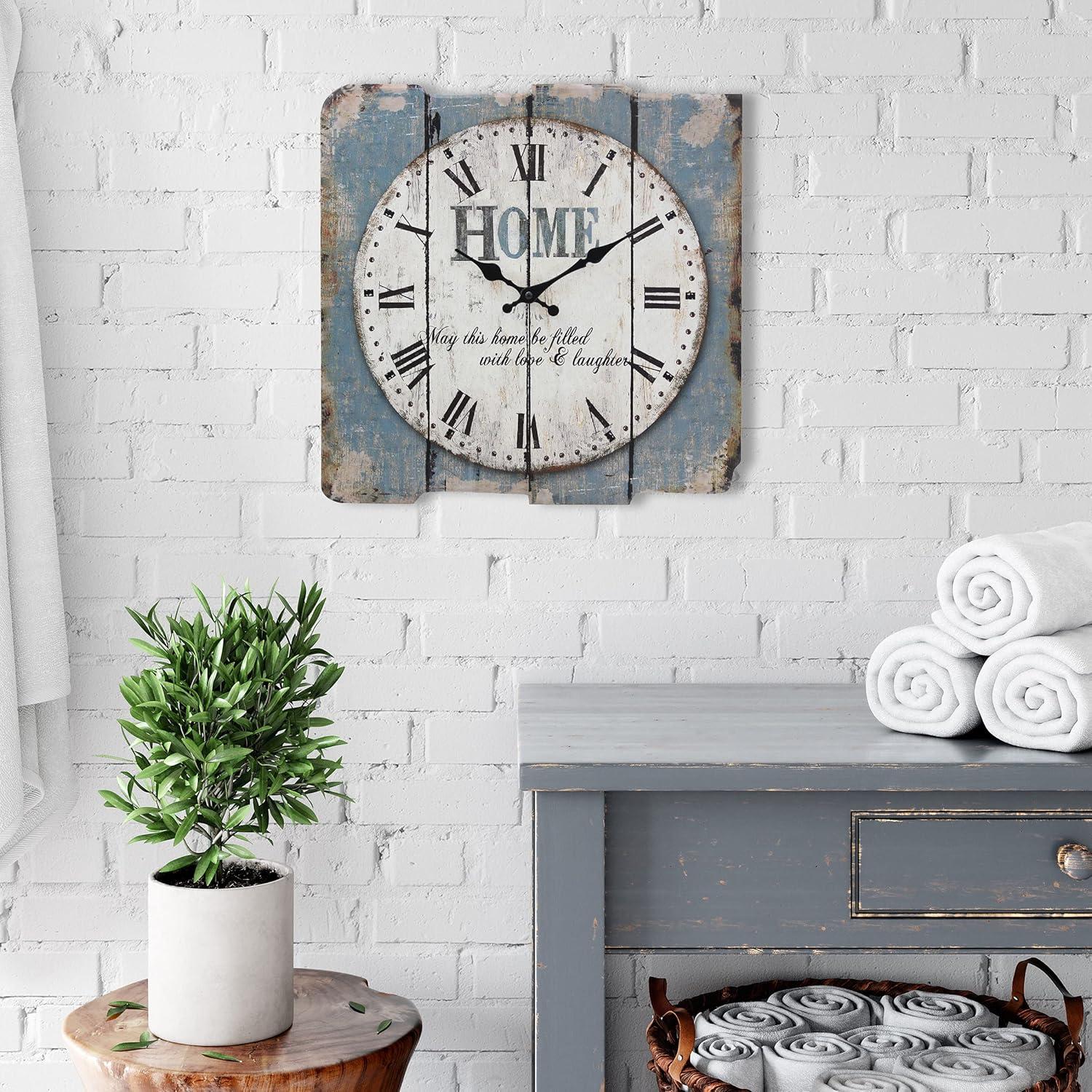 15.7" x 15.7" Decorative Farmhouse Wooden Wall Clock Blue/White - Stonebriar Collection: MDF Square Analog Indoor Timepiece